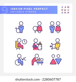 Public toilet rooms signs pixel perfect RGB color icons set. Hygiene in restrooms. Private place for guests. Isolated vector illustrations. Simple filled line drawings collection. Editable stroke