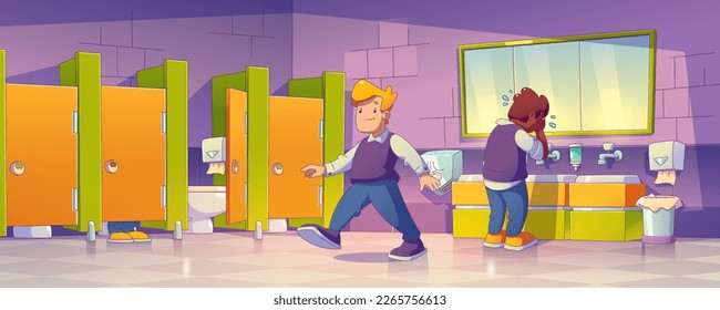 Public toilet in school with tile on clean floor. Cartoon boy restroom with mirror vector background. Children in uniform inside wc wash hand with soap. Occupied and free stall in male bathroom.