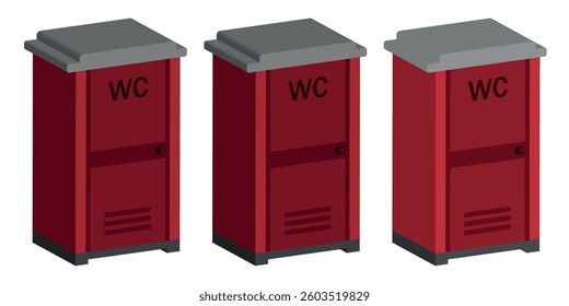 Public toilet set with three red portable restrooms in plastic, diffuse, and no shading. Each has a grey roof, "WC" label on the door, and ventilation slats.