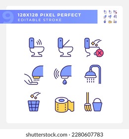 Public toilets service pixel perfect RGB color icons set. Restrooms using rules. Conveniences for guests. Isolated vector illustrations. Simple filled line drawings collection. Editable stroke