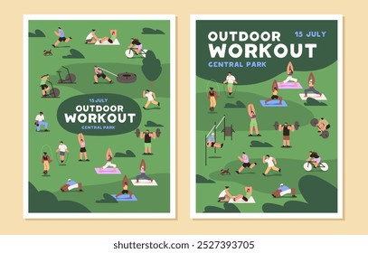 Conjunto de projetos de cartaz de treinamento público ao ar livre. Publicidade de evento de treino de rua. As pessoas fazem fitness, praticam ioga no parque. Os atletas fazem exercícios físicos em campo esportivo. Ilustração de vetor plano