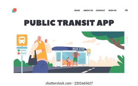 Public Transit App Landing Page Template. People On Bus Station, Schoolgirl, Man And Woman Characters Waiting Commuter Transport At City Landscape. Transportation Service, Cartoon Vector Illustration