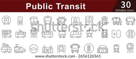 Public Transit Editable Line Icons Set for Transportation, Bus, Train, and Urban Mobility