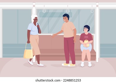 Public transit etiquette flat color vector illustration. Man giving up seat to senior lady on public transport. Fully editable 2D simple cartoon characters with bus, metro interior on background