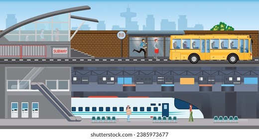 Public transit service design elements with city bus and subway. Underground train car interior with commuters, city transportation vector illustration.