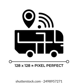 Public transit tracking pixel perfect black glyph icon. Urban transport, mobility. Monitoring system, transportation. Silhouette symbol on white space. Solid pictogram. Vector isolated illustration