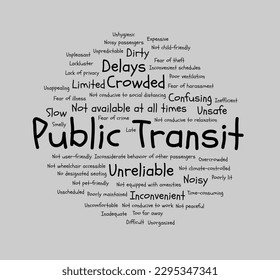 Public Transit word cloud. Composition of words about public transportation complaints. The concept of psychosocial problems. Isolated background.