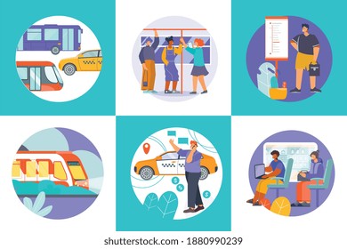 Transporte público 6 composiciones de fondo plano con el tranvía de autobús subterráneo tren de metro exterior pasajeros interiores ilustración vectorial