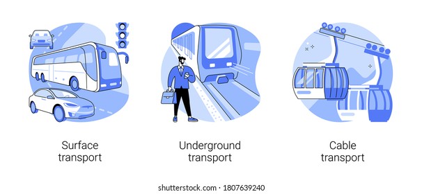 Public transport abstract concept vector illustration set  Surface  underground   cable transport  road   highway  trolleybus  bus stop  subway train station  passenger traffic abstract metaphor 