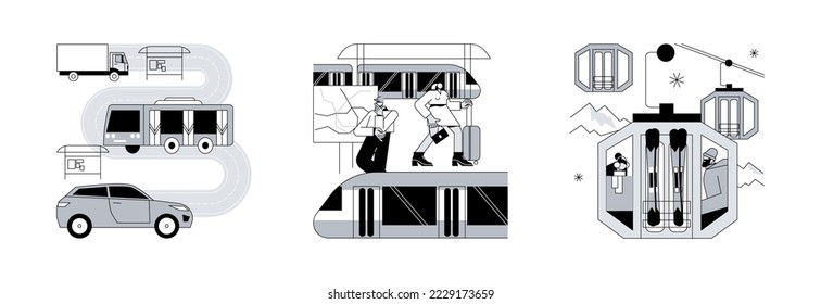 Public transport abstract concept vector illustration set. Surface, underground and cable transport, road and highway, trolleybus, bus stop, subway train station, passenger traffic abstract metaphor.