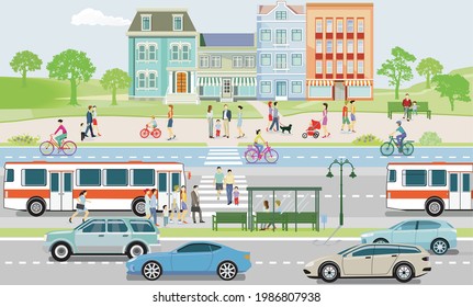 Public Transport Public Bus Cyclists Pedestrians Stock Vector (Royalty ...