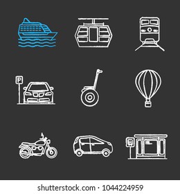 Public transport chalk icons set. Modes of transport. Cruise ship, funicular, train, parking zone, hot air balloon, motorbike, car, bus station. Isolated vector chalkboard illustrations