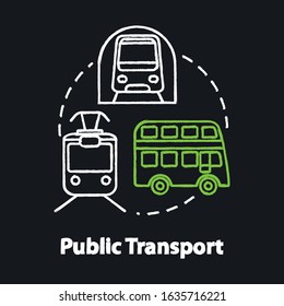 Public transport chalk RGB color concept icon. Affordable travel means, inexpensive tourism idea. Subway train, bus and tram Vector isolated chalkboard illustration on black background