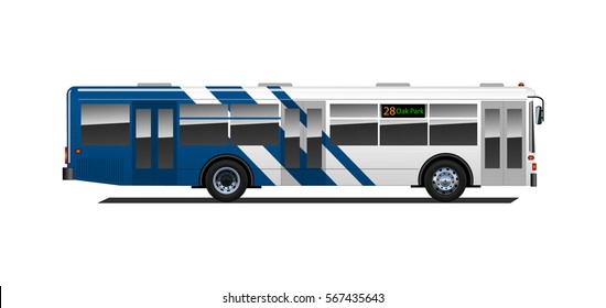 Public transport. City bus isolated on white background. Vector bus. White city bus with a blue oblique stripes.