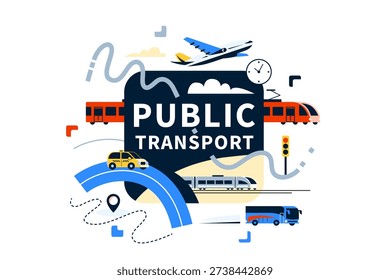 Public transport city map vector illustration. Urban mobility concept with bus, taxi, train, airplane, navigation icons. Transportation network for travel, logistics and infrastructure.