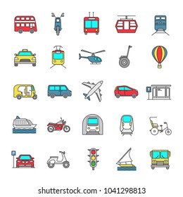 Public transport color icons set. Water, land and air vehicles. Modes of transport. Isolated vector illustrations