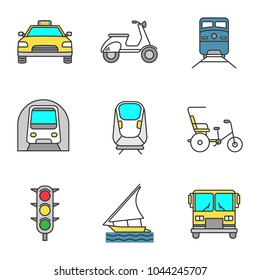Public transport color icons set. Modes of transport. Taxi, scooter, train, metro, transrapid, cycle rickshaw, traffic lights, sailing boat, bus. Isolated vector illustrations