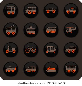 Public transport color vector icons on dark background for user interface design