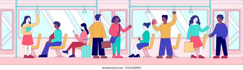 Public transport and commuting concept with diverse passengers in a train seated and standing, colored vector illustration panorama banner