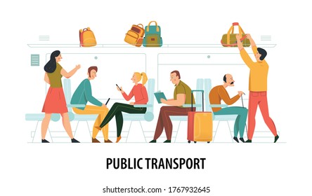 Public transport composition with commuting people symbols flat vector illustration