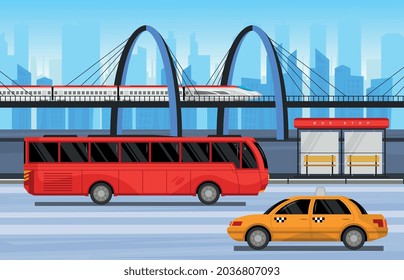 Public transport composition trains buses and cabs go as usual around the city vector illustration