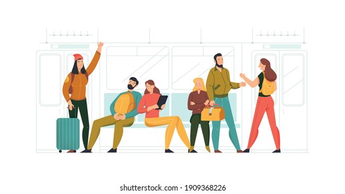 Public transport concept composition with doodle characters of passengers inside the train flat isolated vector illustration