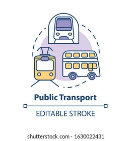 Public transport concept icon. Affordable travel means, budget tourism idea thin line illustration. Subway train, bus and tram vector isolated outline RGB color drawing. Editable stroke