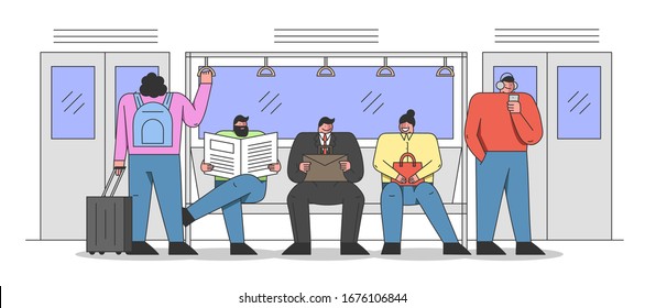 Public Transport Concept. People Ride Subway On Their Way. Men and Women in Public Transport. Problem of City Overpopulation and Urban Transportation. Cartoon Linear Outline Flat Vector Illustration