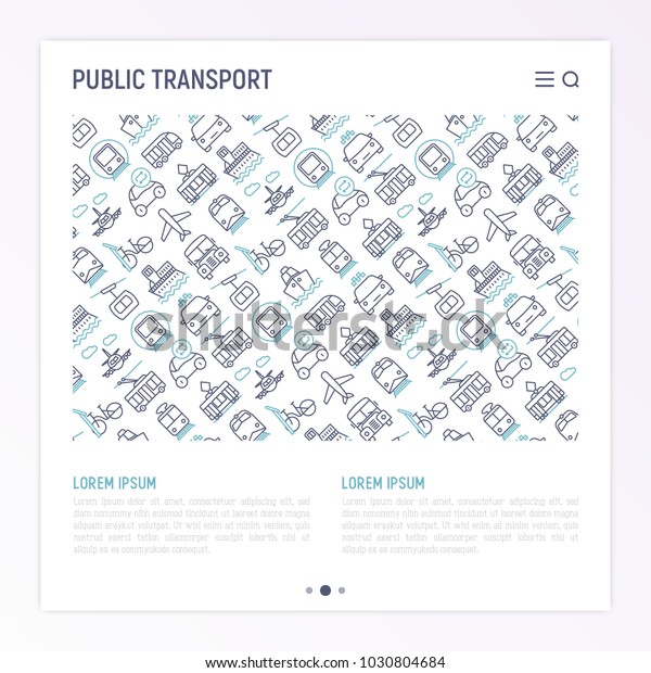 Public transport concept with thin line icons:
train, bus, taxi, ship, ferry, trolleybus, tram, car sharing. Front
and side view. Modern vector illustration for banner, web page,
print media.