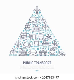 Public transport concept in triangle with thin line icons: train, bus, taxi, ship, ferry, trolleybus, tram, car sharing. Front and side view. Modern vector illustration for banner, print media.