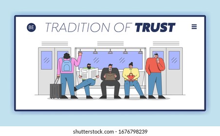 Public Transport Concept. Website Landing Page. People Ride Metro On Their Way. Men and Women in The Public Transport. Urban Transportation. Cartoon Linear Outline Flat Vector Illustration