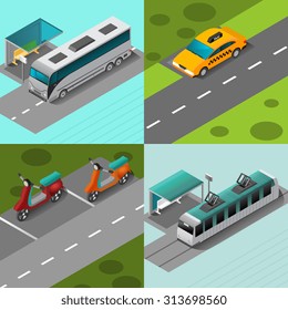 Public transport design concept set with isometric vehicles on stops isolated vector illustration