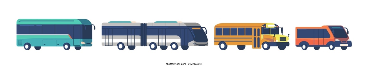 Public Transport Exhibition, Different Buses, Commuter Transportation, Electric Or School Bus Isolated On White Background. Automobile Rental Business, Sale, Dealership. Cartoon Vector Illustration