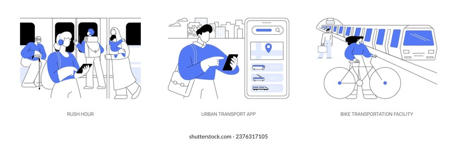 Instalaciones de transporte público abstract concepto de conjunto de ilustraciones vectoriales. Hora punta, aplicación de transporte urbano, software de navegación, instalación de transporte en bicicleta, pasajeros del metro metáfora abstracta.