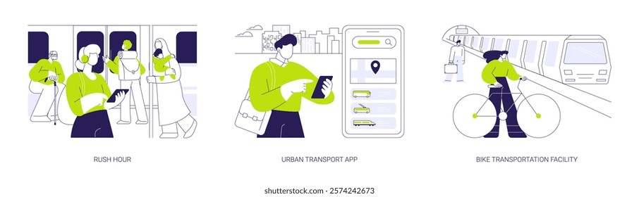 Public transport facilities abstract concept vector illustration set. Rush hour, urban transport app, navigation software, bike transportation facility, subway passengers abstract metaphor.