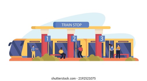 Public transport flat background with subway or suburban train and people on platform vector illustration