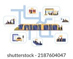 Public transport flat composition with characters of passengers travelling by train bus taxi underground waiting at station vector illustration