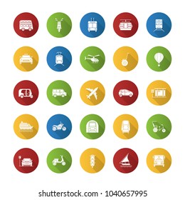 Public transport flat design long shadow glyph icons set. Water, land and air vehicles. Modes of transport. Vector silhouette illustration