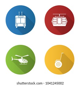 Public transport flat design long shadow glyph icons set. Modes of transport. Trolleybus, funicular, helicopter, self-balancing scooter. Vector silhouette illustration