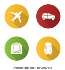 Public transport flat design long shadow glyph icons set. Modes of transport. Airplane, car, transrapid, metro. Vector silhouette illustration