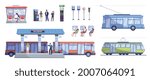 Public transport flat icons set with trolleybus tram people at bus stop travelling buying tickets isolated vector illustration