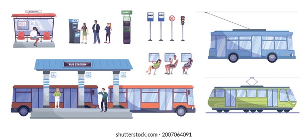 Public transport flat icons set with trolleybus tram people at bus stop travelling buying tickets isolated vector illustration