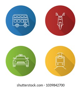 Public transport flat linear long shadow icons set. Modes of transport. Double decker bus, scooter, taxi, tram. Vector outline illustration