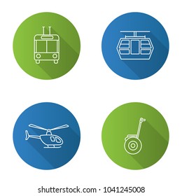 Public transport flat linear long shadow icons set. Modes of transport. Trolleybus, funicular, helicopter, self-balancing scooter. Vector outline illustration
