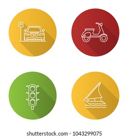 Public transport flat linear long shadow icons set. Modes of transport. Parking zone, scooter, traffic light, sailing boat. Vector outline illustration
