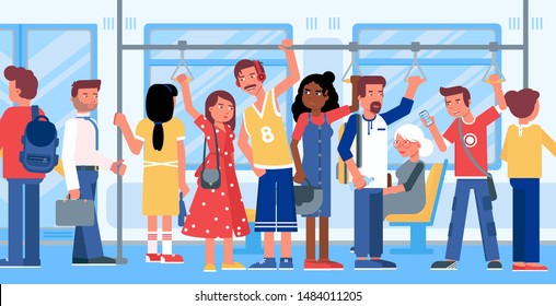 Public transport flat vector illustration. Trolleybus, tram passengers cartoon characters. Young men and women standing, holding handrails in bus, subway train. City travel, urban conveyance