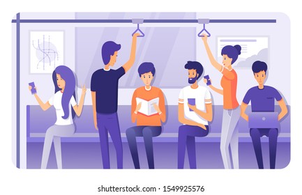Öffentliche Verkehrsmittel, flache Vektorgrafik. Trolleybus, Tram Passagiere Cartoon-Figuren. Junge Männer und Frauen stehen, halten Handläufe im Bus, U-Bahn-Zug. Stadtverkehr, Stadtverkehr
