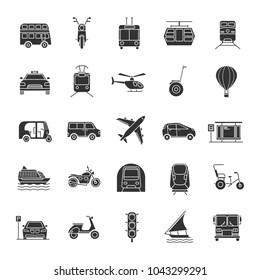 Public transport glyph icons set. Silhouette symbols. Water, land and air vehicles. Modes of transport. Vector isolated illustration
