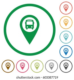 Public transport GPS map location flat color icons in round outlines on white background
