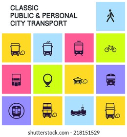 Public Transport Icon Set: Classic City And Suburban Transit Icons. Bus, Trolleybus, Tram/LRT, Rapid, Commuter, Monorail, Ferry, Taxicab, Bike And Pedestrian Icon. For Maps, Infographics And Apps.